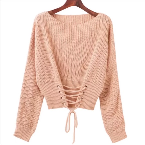 Lace Up Front Wide Neck Chunky Knit Sweater Top - Picture 3 of 6